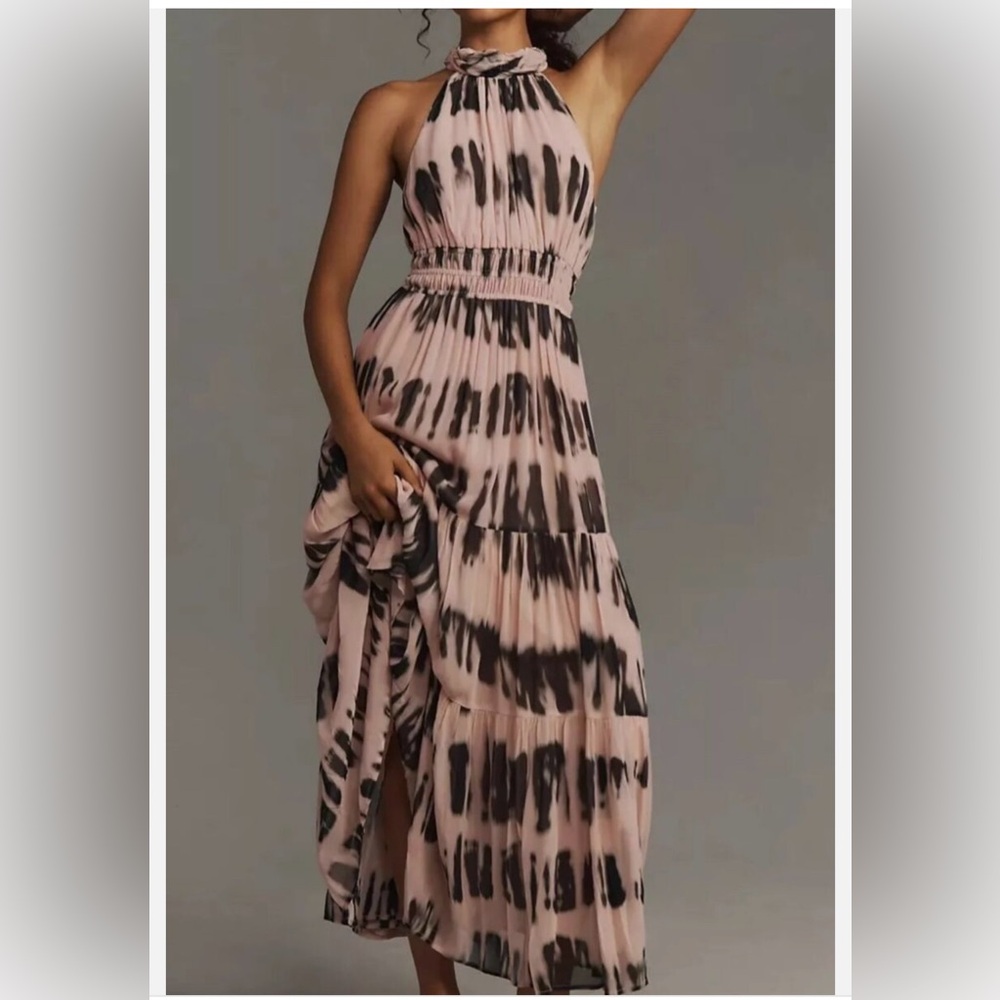 Anthropologie Pink and Black Halter Maxi Dress
